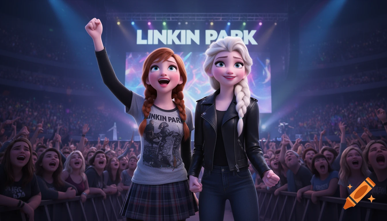 Animated Anna and Elsa from Frozen at a Linkin Park concert, with a cheering crowd in the background.