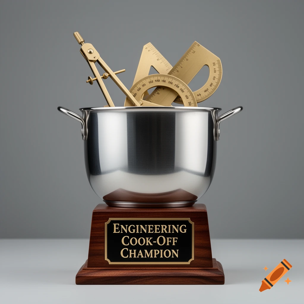 A photorealistic trophy with a silver cooking pot filled with golden drafting tools, resting on a wooden base with a plaque reading "ENGINEERING Cook-Off CHAMPION".
