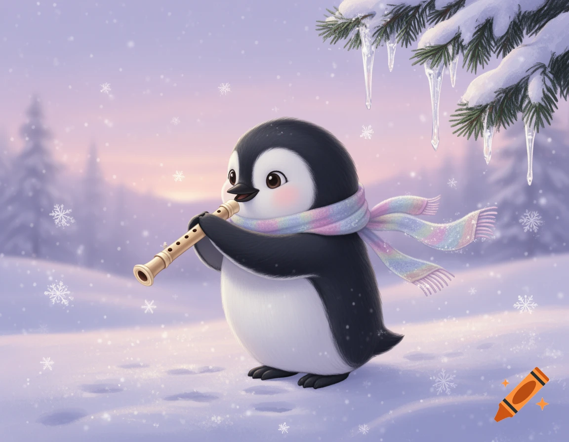 A cute, cartoon penguin wearing a colorful scarf plays a recorder in a snowy, whimsical winter landscape with snowflakes falling.