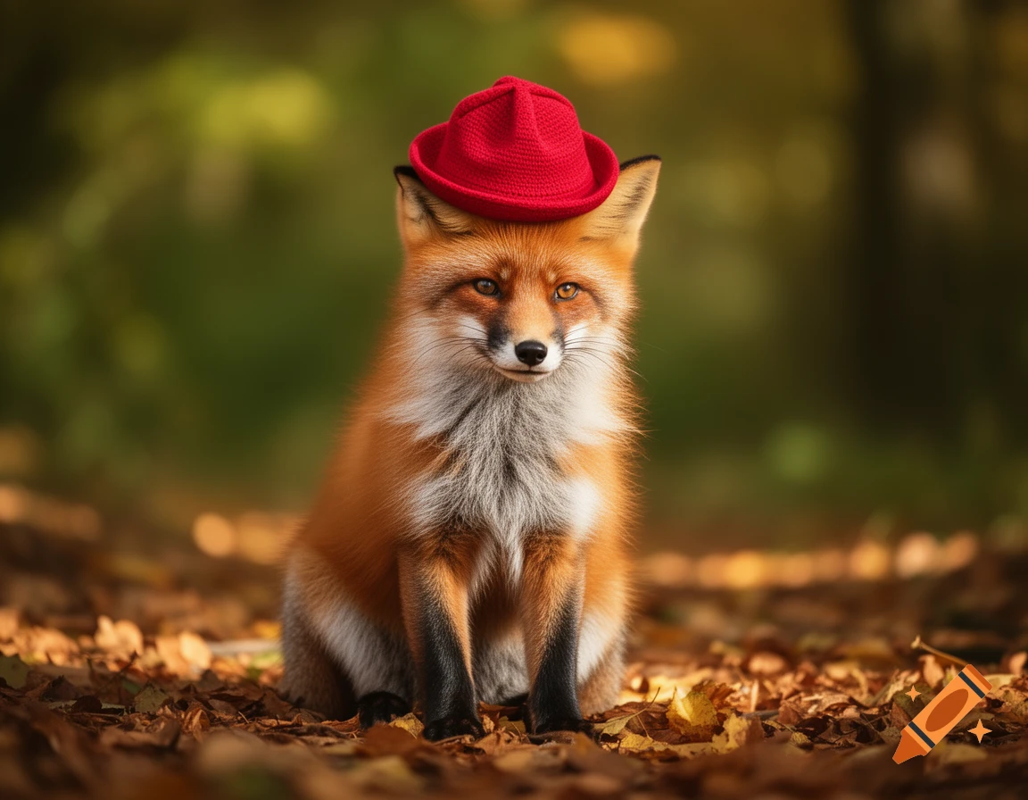 A cute red fox with a red hat sits among autumn leaves in a forest.