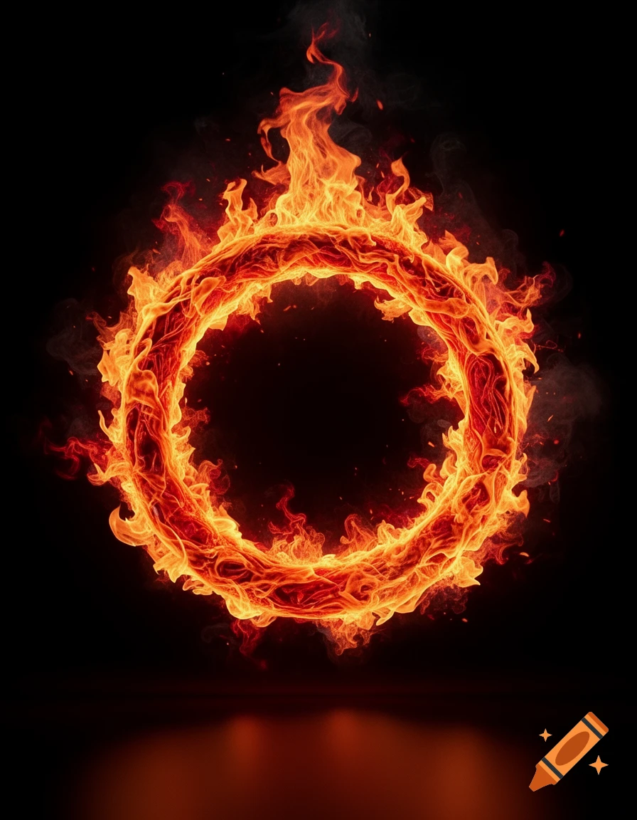 A vibrant ring of orange and red flames burns intensely against a dark, reflective background.