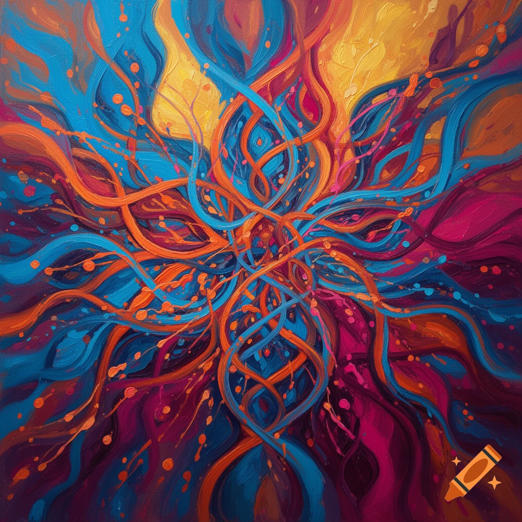 Vibrant abstract painting with swirling blue, orange, yellow, and magenta lines and paint splatters.