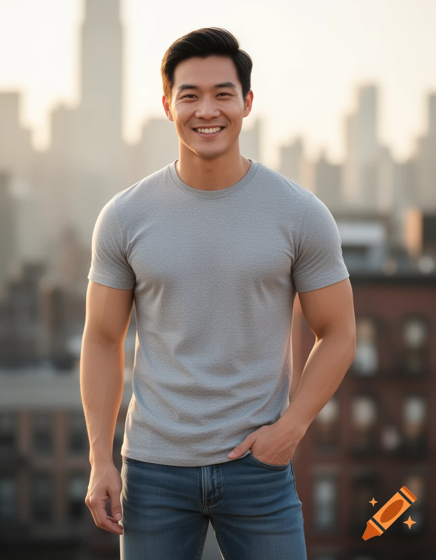 A handsome Asian man in a gray t-shirt and jeans smiles confidently against a blurred city skyline at sunset.