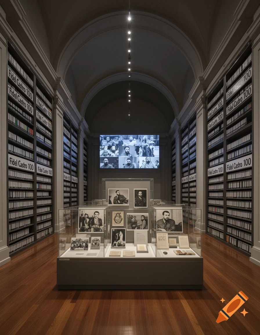 A long, arched museum hall with bookshelves labeled 'Fidel Castro 100', a large screen showing portraits, and glass display cases.