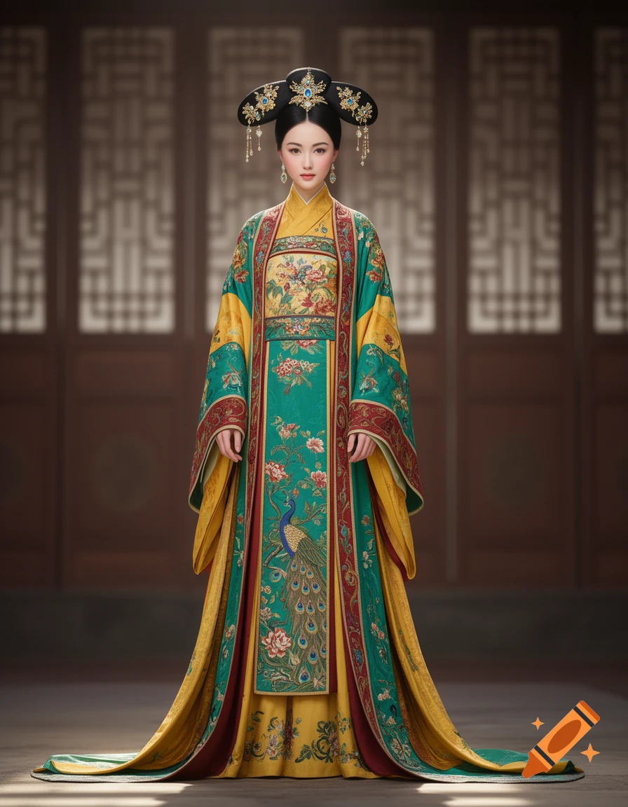A woman dressed in an extravagant, richly embroidered traditional Chinese gown of yellow, green, and red, with an intricate black and gold headdress, stands in a hallway.