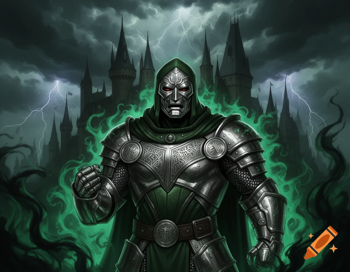 Doctor Doom in ornate silver armor and green cape, surrounded by green mystic energy, stands before a stormy gothic castle with lightning.