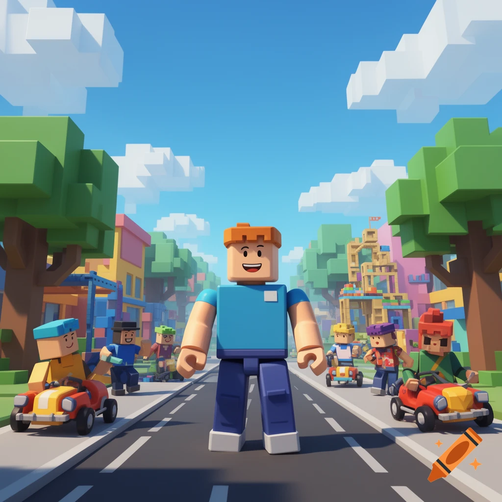 A large blocky Roblox-style character stands in a vibrant block-world city street with other characters and vehicles.
