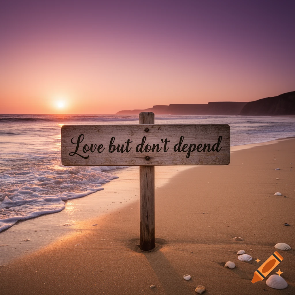 A wooden sign on a sandy beach reads 'Love but don't depend' with a vibrant sunset over the ocean in the background.