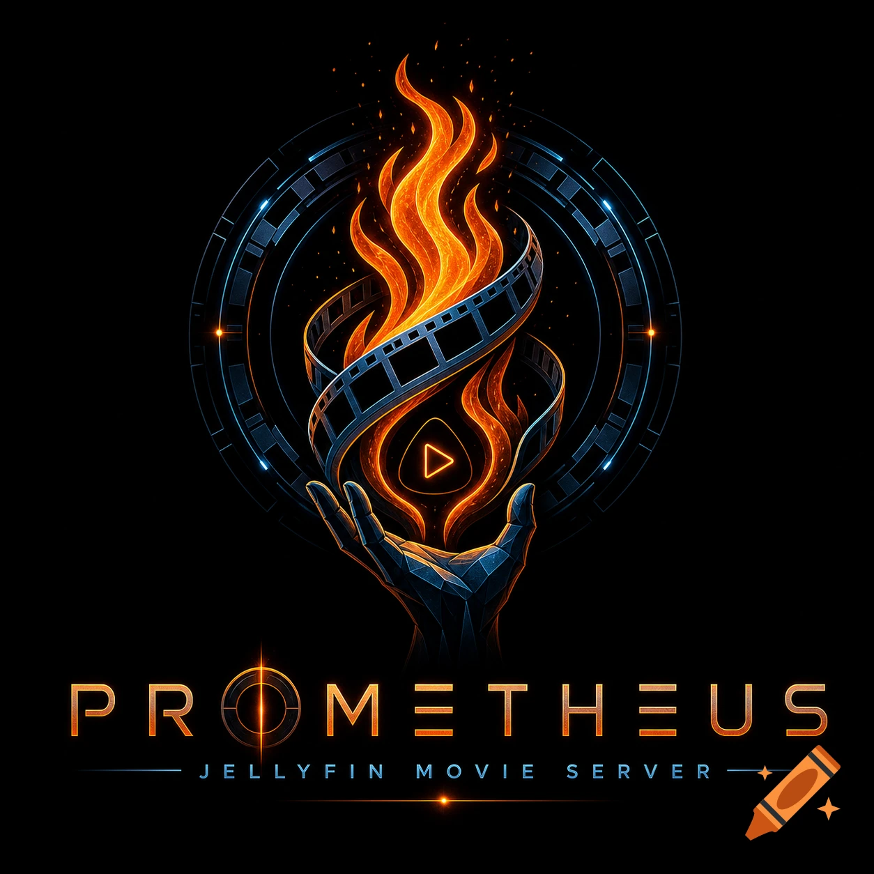 A stylized logo with a hand holding a flaming film reel and digital circuits, text reads 'PROMETHEUS JELLYFIN MOVIE SERVER'.