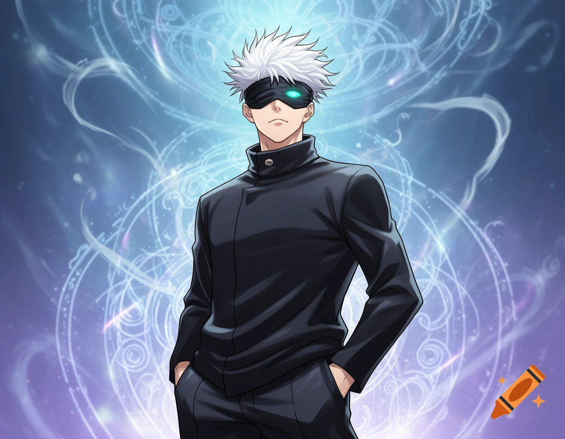 An anime illustration of Gojo Satoru with white spiky hair, a black blindfold showing glowing teal eyes, wearing a black jacket, against a magical blue background.