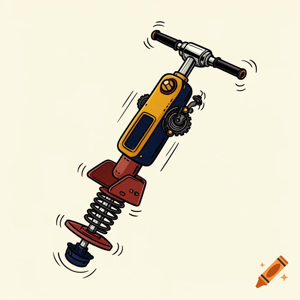 A retro pogo stick gadget with a coiled spring base and chrome handlebar, tilted dynamically in a 1980s cartoon style.