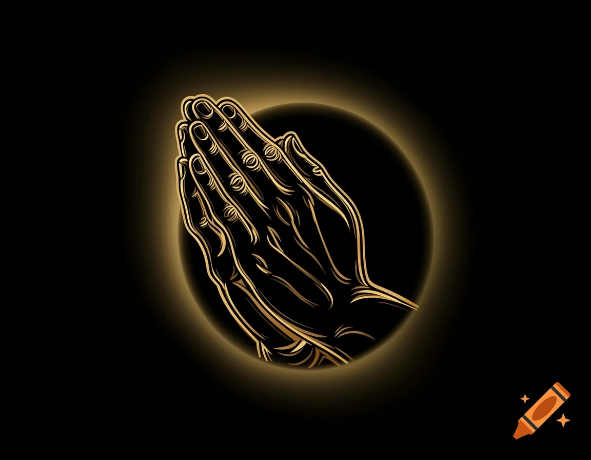 Minimalist gold line art of praying hands against a dark background with a golden glow.