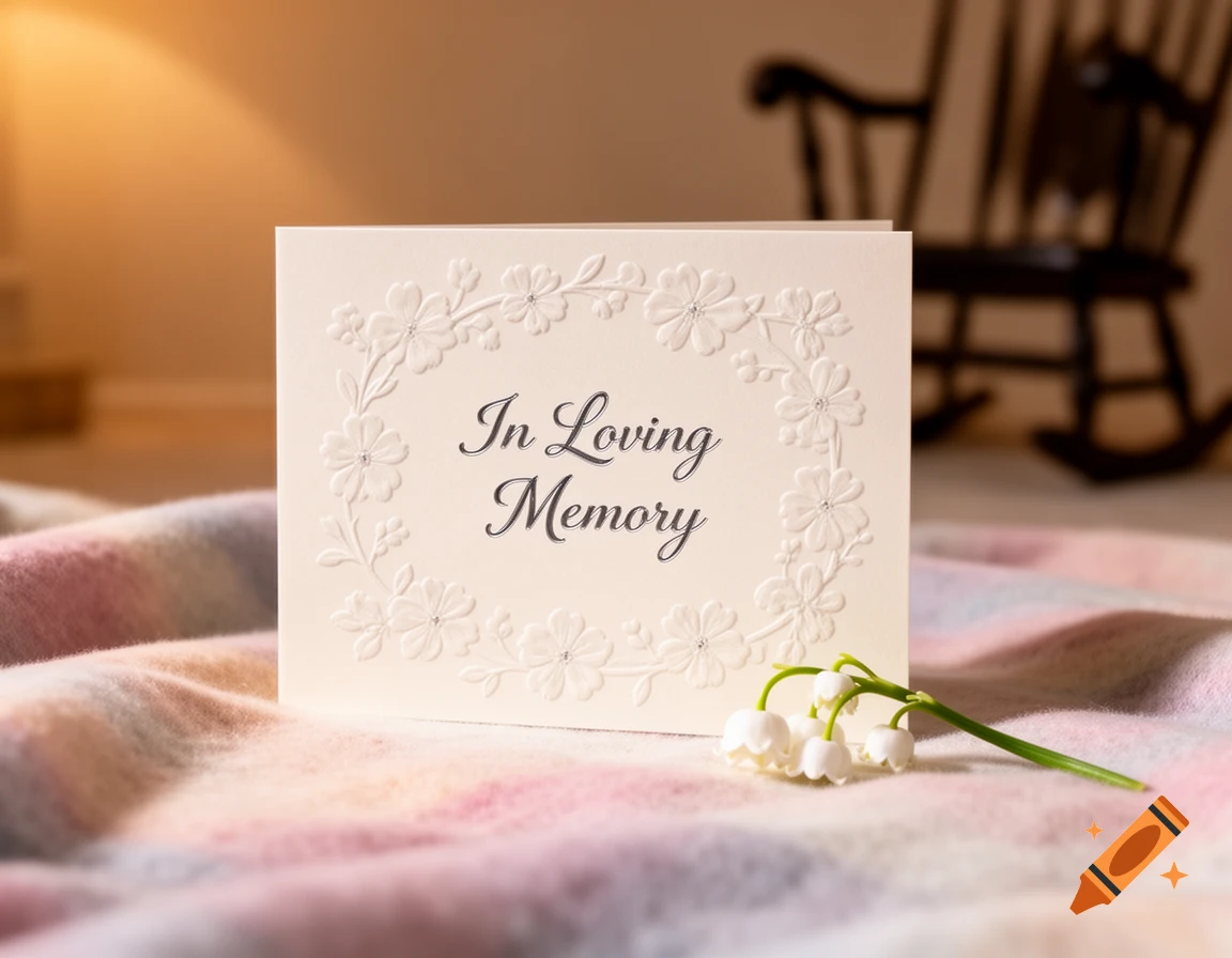 A cream-colored sympathy card with "In Loving Memory" text and embossed flowers, alongside lily of the valley flowers on a plaid blanket, with a rocking chair in the background.