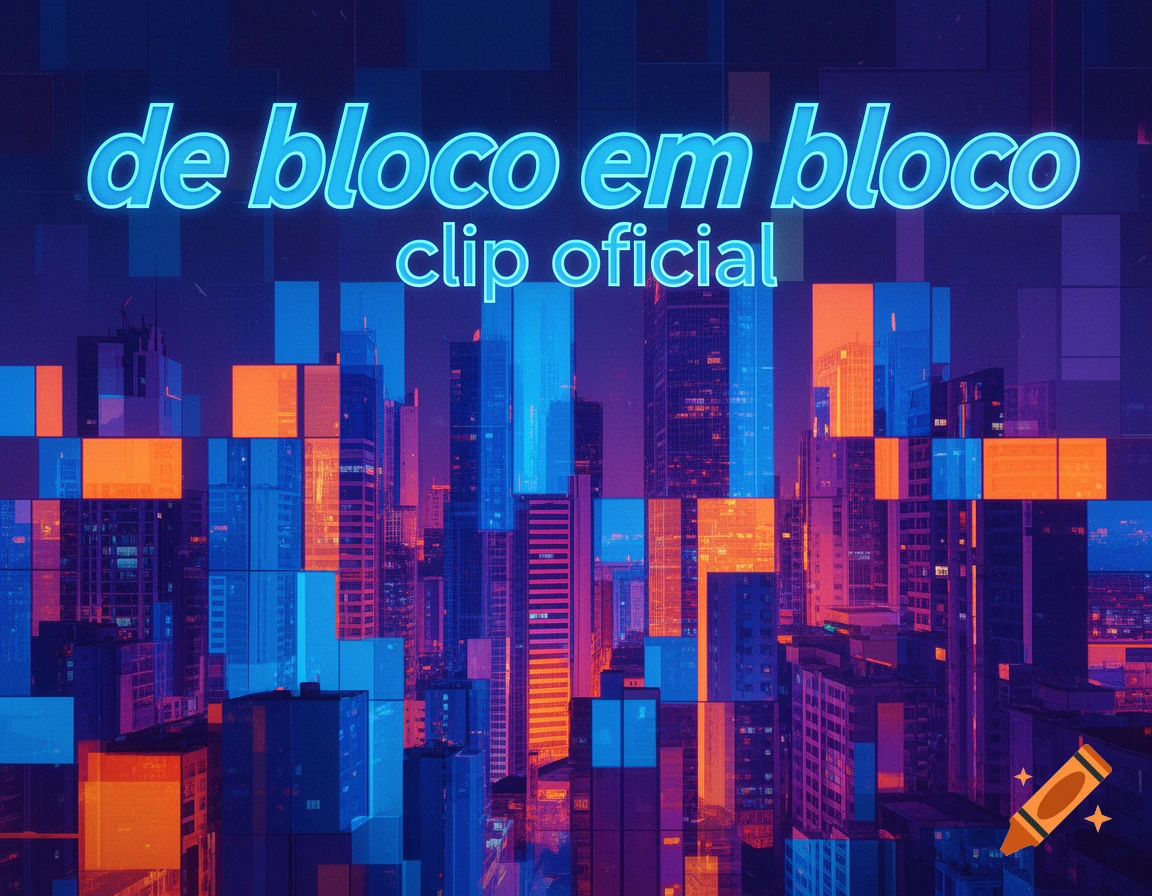 Stylized cityscape at night with skyscrapers rendered in vibrant blue and orange blocks. Glowing text "de bloco em bloco clip oficial" is at the top.