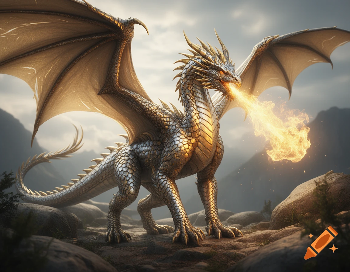 An elegant, majestic silver and gold dragon with large wings breathes golden fire, standing on rocky ground with mountains in the background.