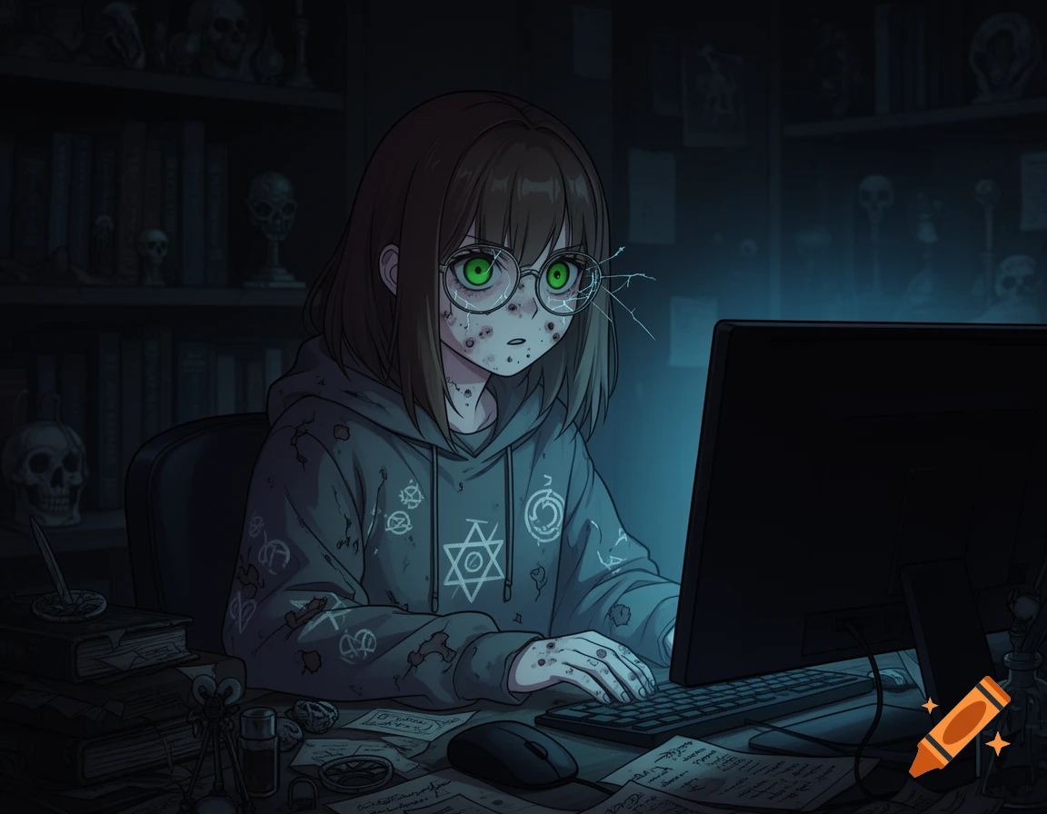 An anime girl with green glowing eyes, cracked glasses, and acne, wearing a symbol-covered hoodie, sits at a messy desk with a computer in a dark, occult-themed room filled with books and skulls.