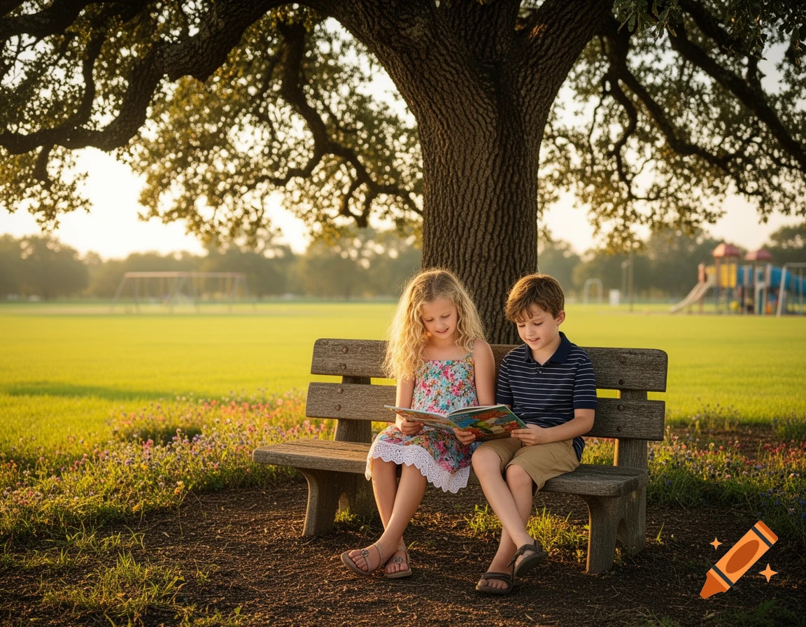 Two children sit on a park bench under a large tree, reading a book together in golden hour light.