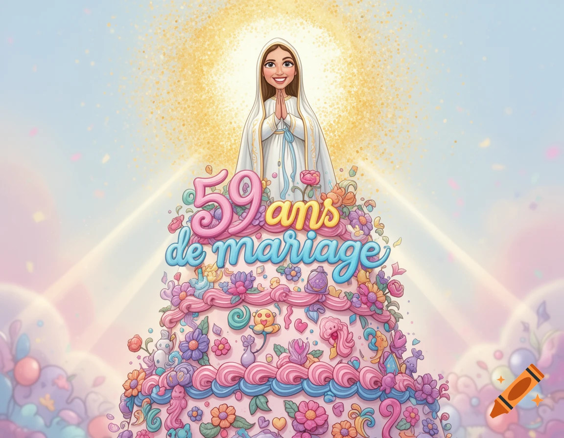 Cartoon style Virgin Mary figure with praying hands, standing atop a large, colorful cake decorated with text "59 ans de mariage", flowers, and whimsical elements.