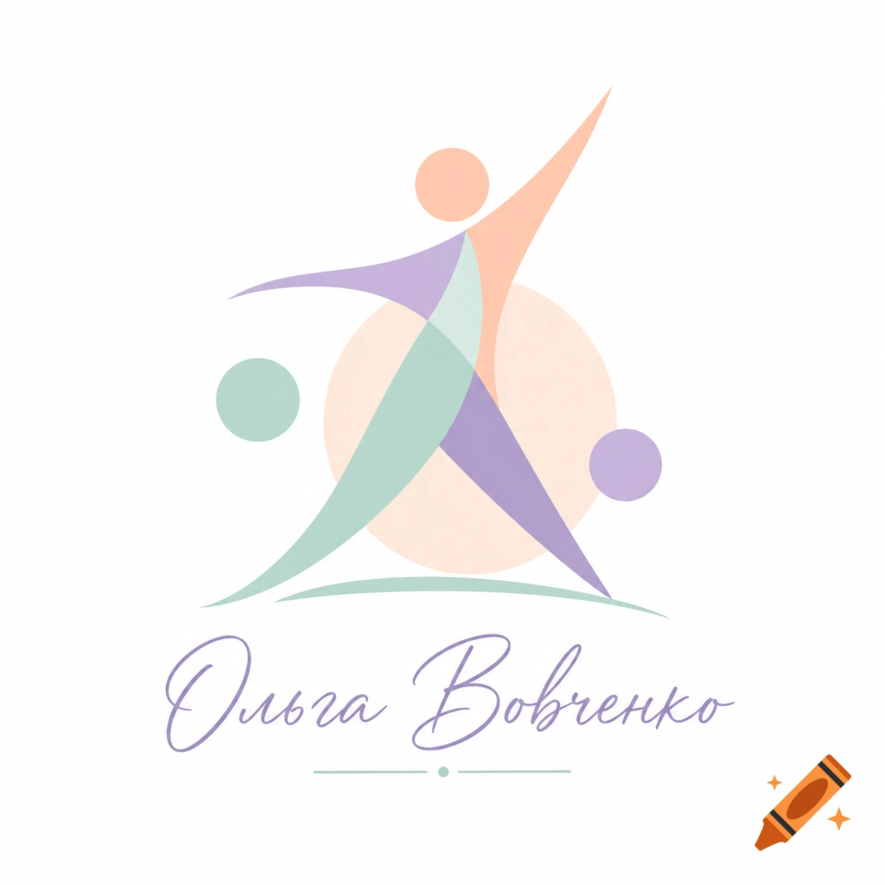Geometric minimalistic abstract logo in pastel colors featuring a stylized figure and the text "Ольга Вовченко".