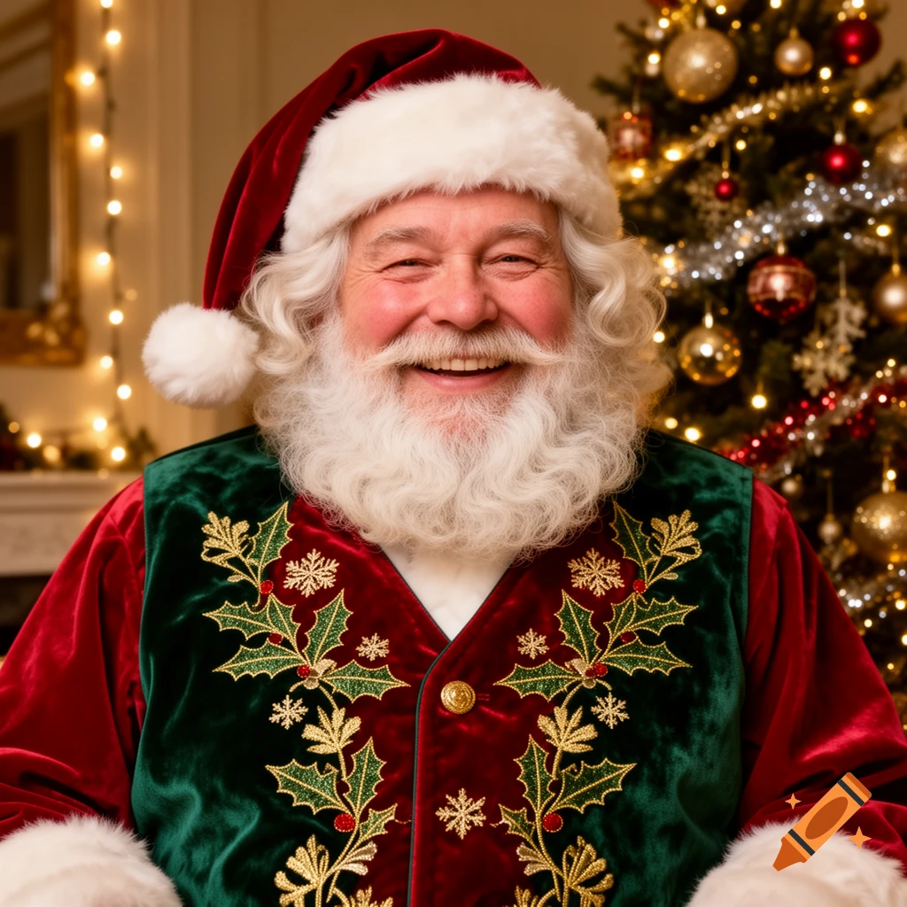 Close-up, photorealistic portrait of a smiling Santa Claus in a red suit and an ornate green and gold Christmas vest, in front of a decorated Christmas tree.