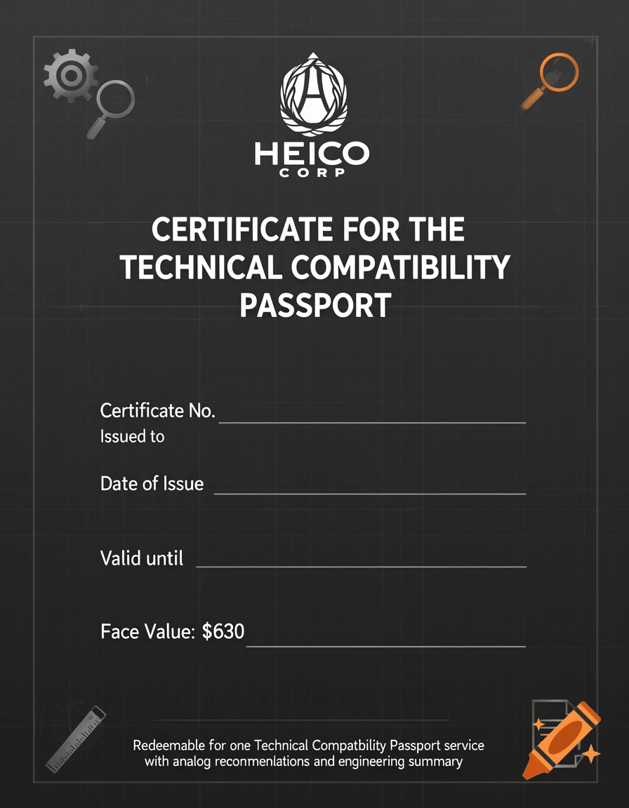 A digital certificate for Heico Corp. on a dark gray grid background with white text and minimalist icons.