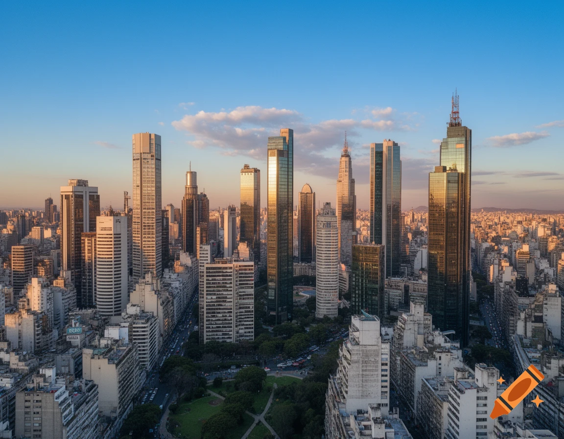 Photorealistic panorama of a bustling cityscape with numerous tall skyscrapers reflecting the warm light of sunrise.