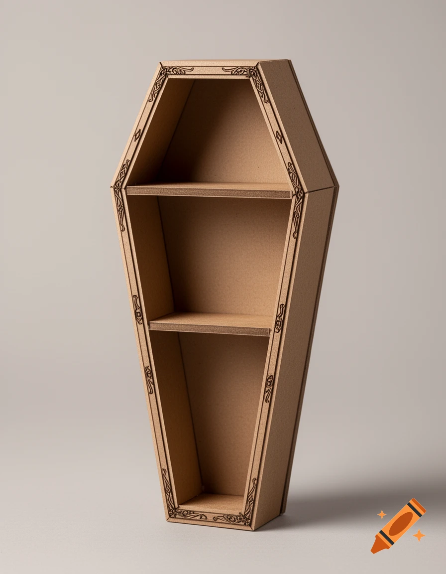 A light brown cardboard coffin-shaped bookshelf with two shelves and dark decorative trim.