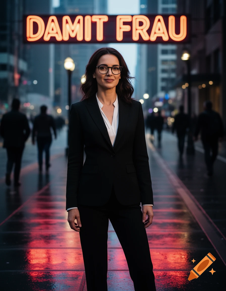 A professional woman in a suit and glasses stands on a wet city street at night under a neon sign that reads "DAMIT FRAU".