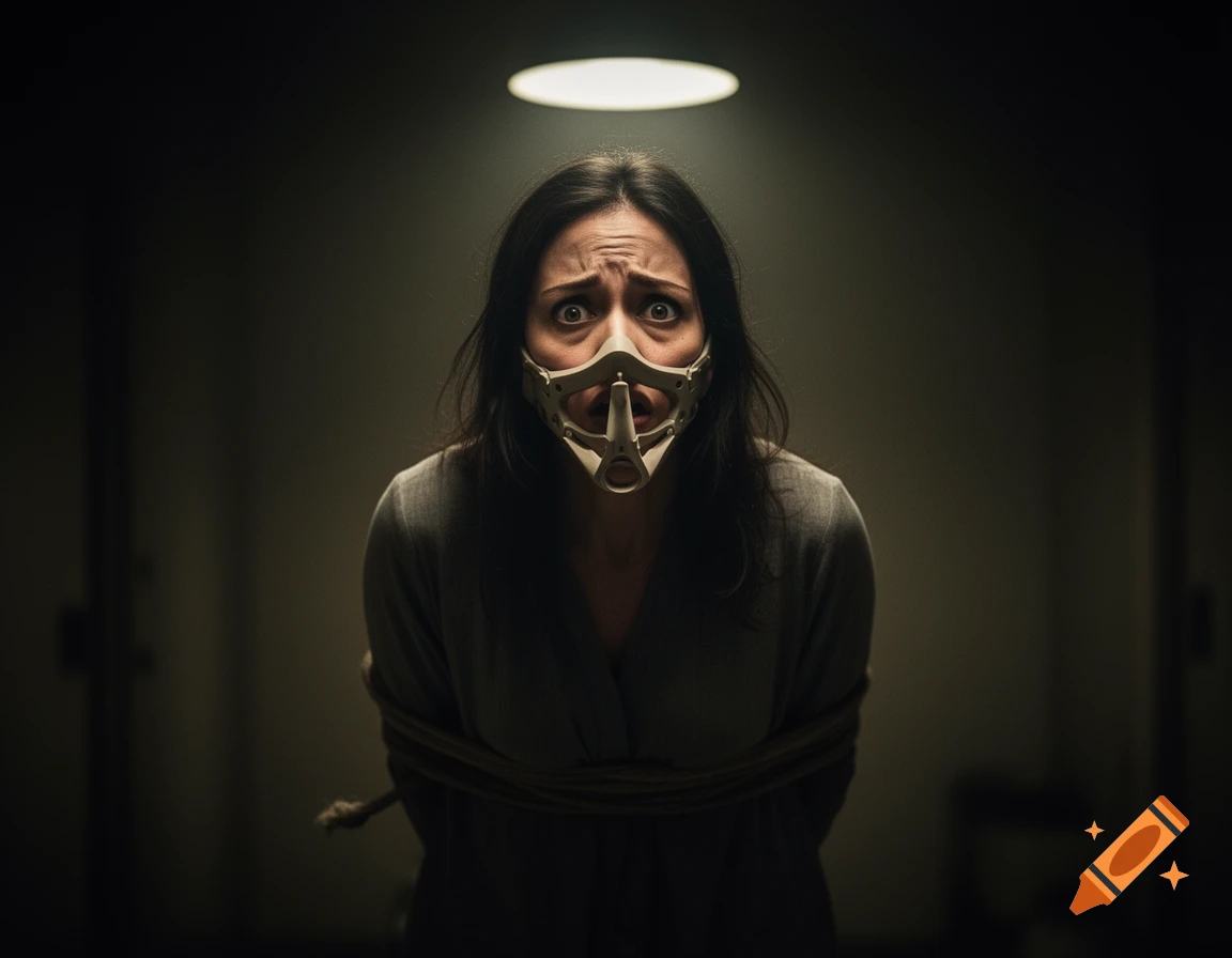 A fearful woman with wide eyes, bound and wearing a muzzle, illuminated by a spotlight in a dark room, in a dramatic, photorealistic style.