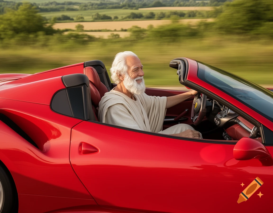 Smiling old man with a white beard driving a red Ferrari convertible down a scenic road with motion blur.