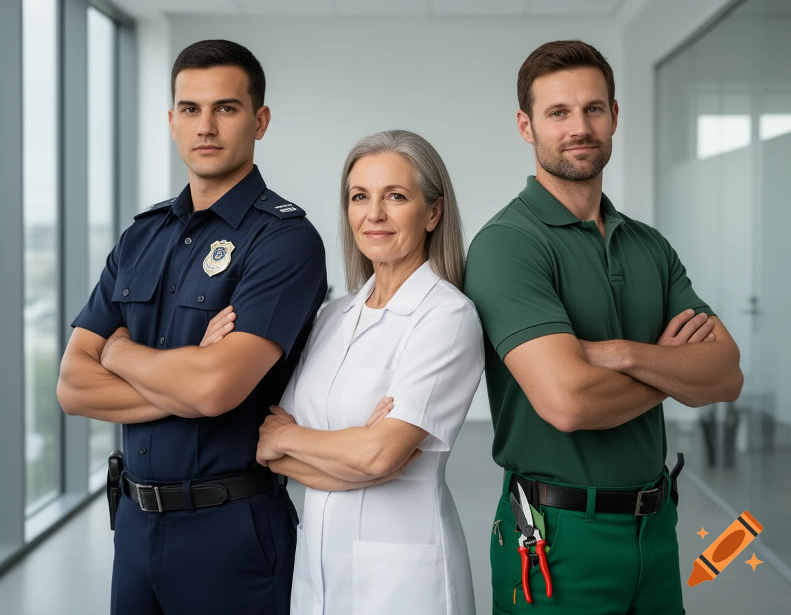 A male security guard, a middle-aged female healthcare worker, and a male groundskeeper stand with crossed arms in an office.