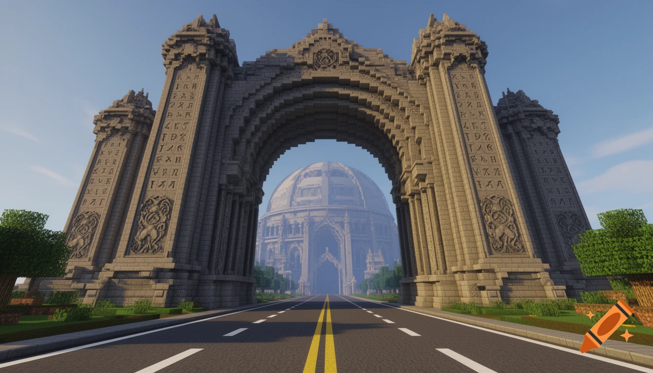 A symmetrical Minecraft-style monumental stone archway with intricate carvings over a road, leading to a huge elevated hemispherical dome under a clear sky.