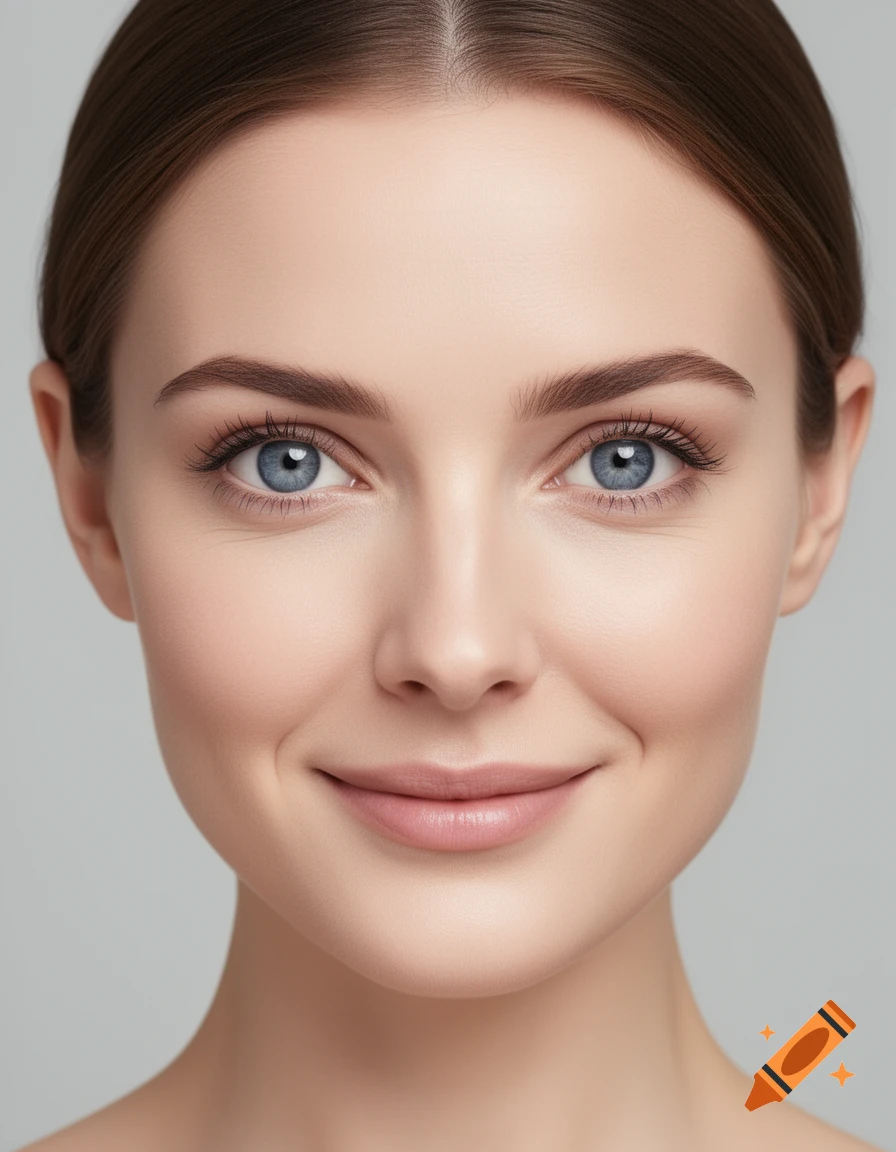 Photorealistic close-up portrait of a young woman with blue eyes, light skin, and brown hair, smiling subtly against a grey background.