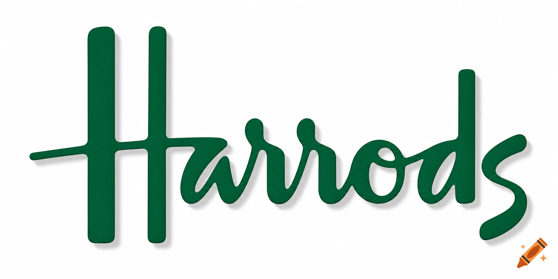 The Harrods logo, in dark green stylized script with a subtle shadow, set against a white background.