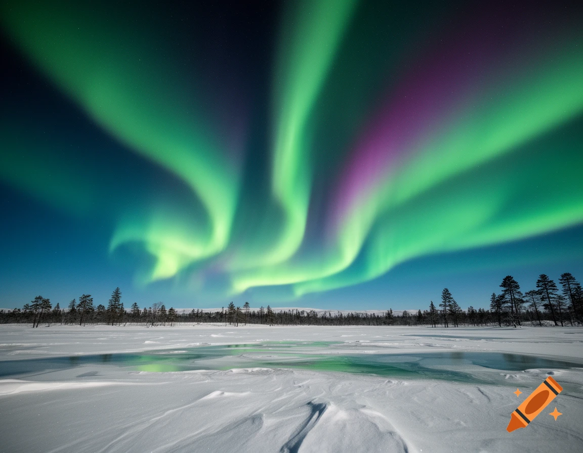 Vibrant green and purple aurora borealis over a snow-covered landscape with pine trees.