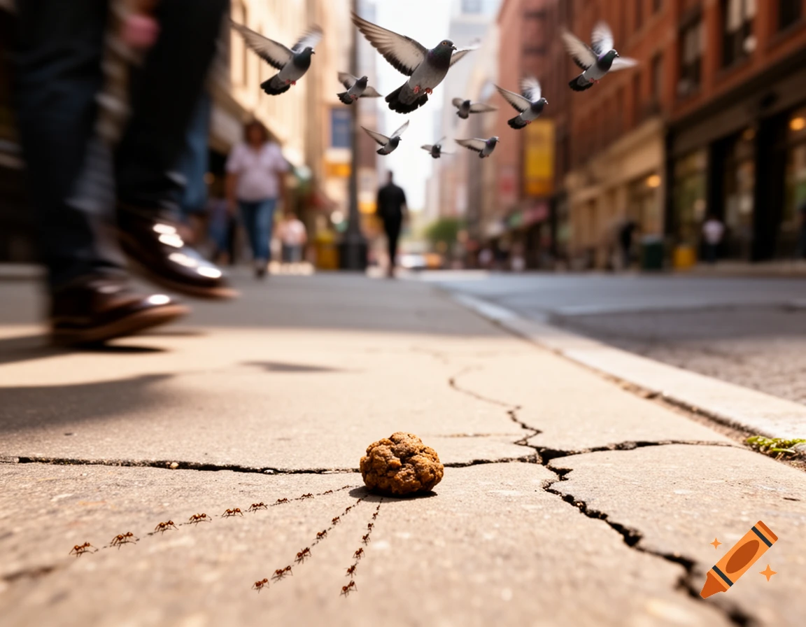 A low-angle shot captures a pile of pigeon droppings on a cracked city sidewalk, with ants crawling towards it. Pigeons fly above a blurred street scene with pedestrians.