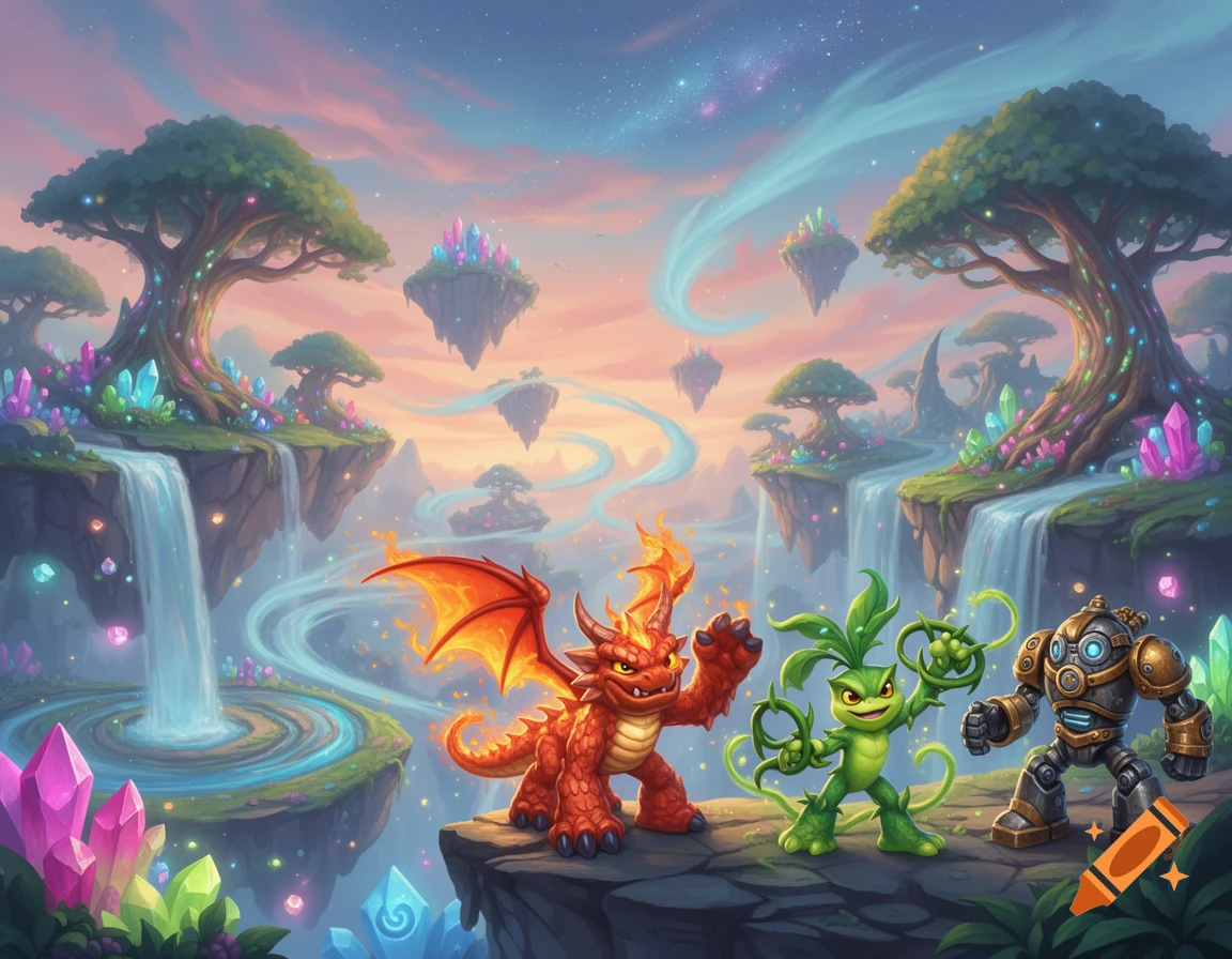 A red dragon, green plant creature, and steampunk robot stand on a cliff in a vibrant fantasy world with floating islands, waterfalls, and glowing crystals.