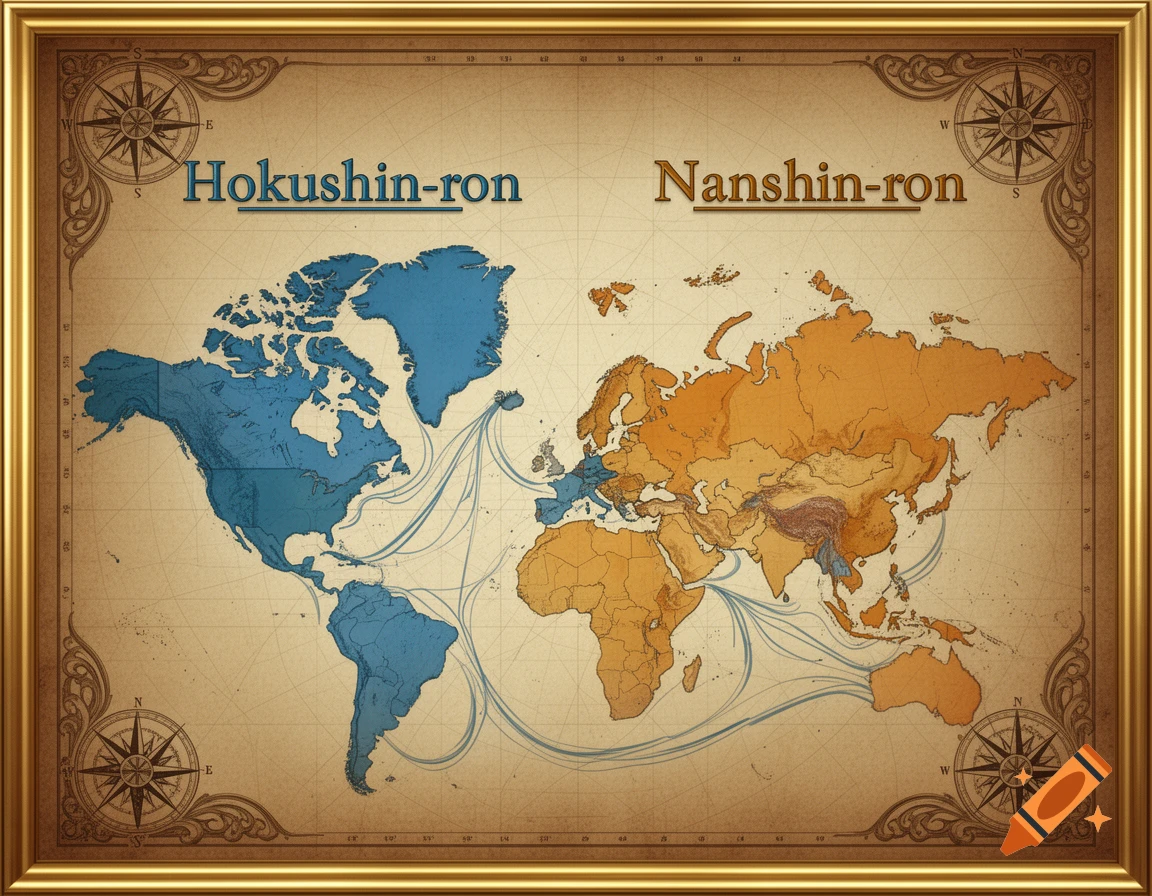 An old-style world map in a golden frame, showing continents in blue and orange, labeled 'Hokushin-ron' and 'Nanshin-ron'.