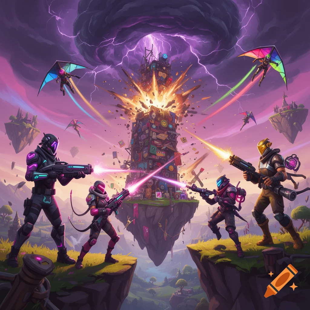 Armored characters battle with laser weapons around an exploding tower on floating islands under a stormy purple sky, in a vibrant video game art style.