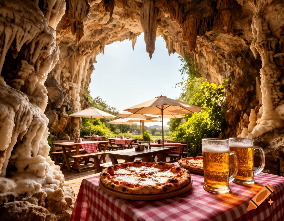 A close-up of pizza and two mugs of beer on a red-and-white checkered table, set within the entrance of a stalactite cave with an outdoor restaurant visible through the opening.
