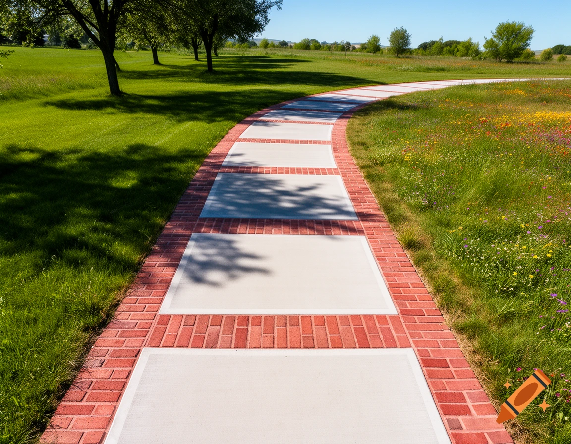 A winding concrete pathway with red brick borders cuts through a lush green park with trees and colorful wildflowers under a clear sky.