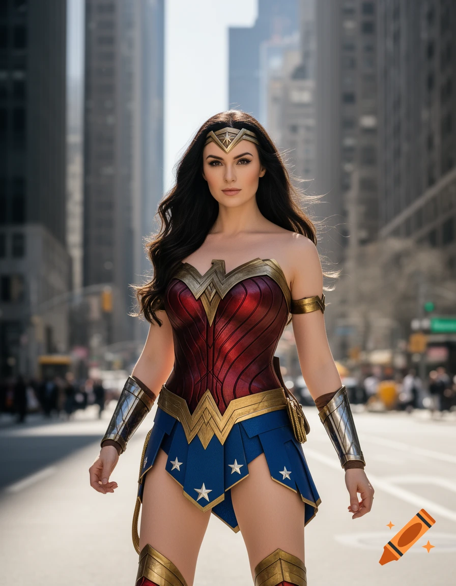 Photorealistic portrait of a woman dressed as Wonder Woman standing on a city street with tall buildings.