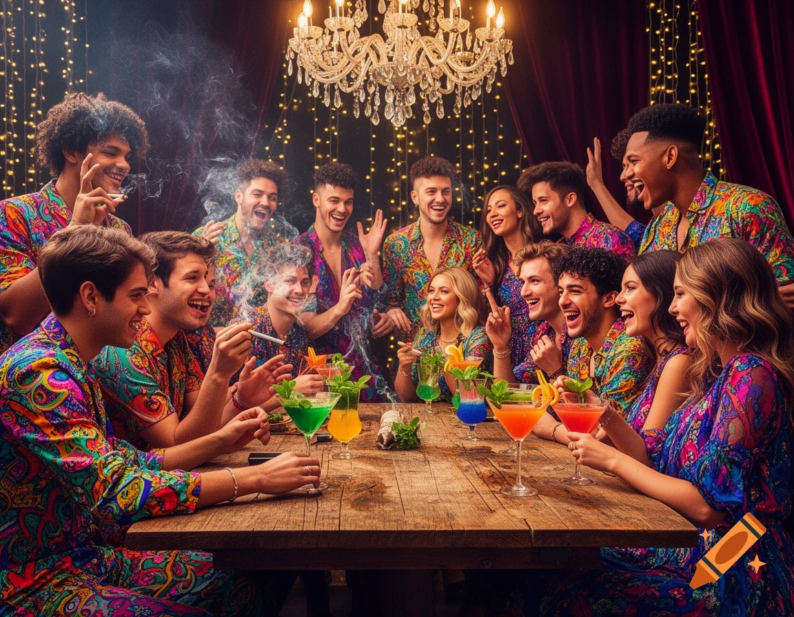 A group of young adults in flamboyant patterned outfits laughing and socializing at a party, with colorful drinks and cigarettes.