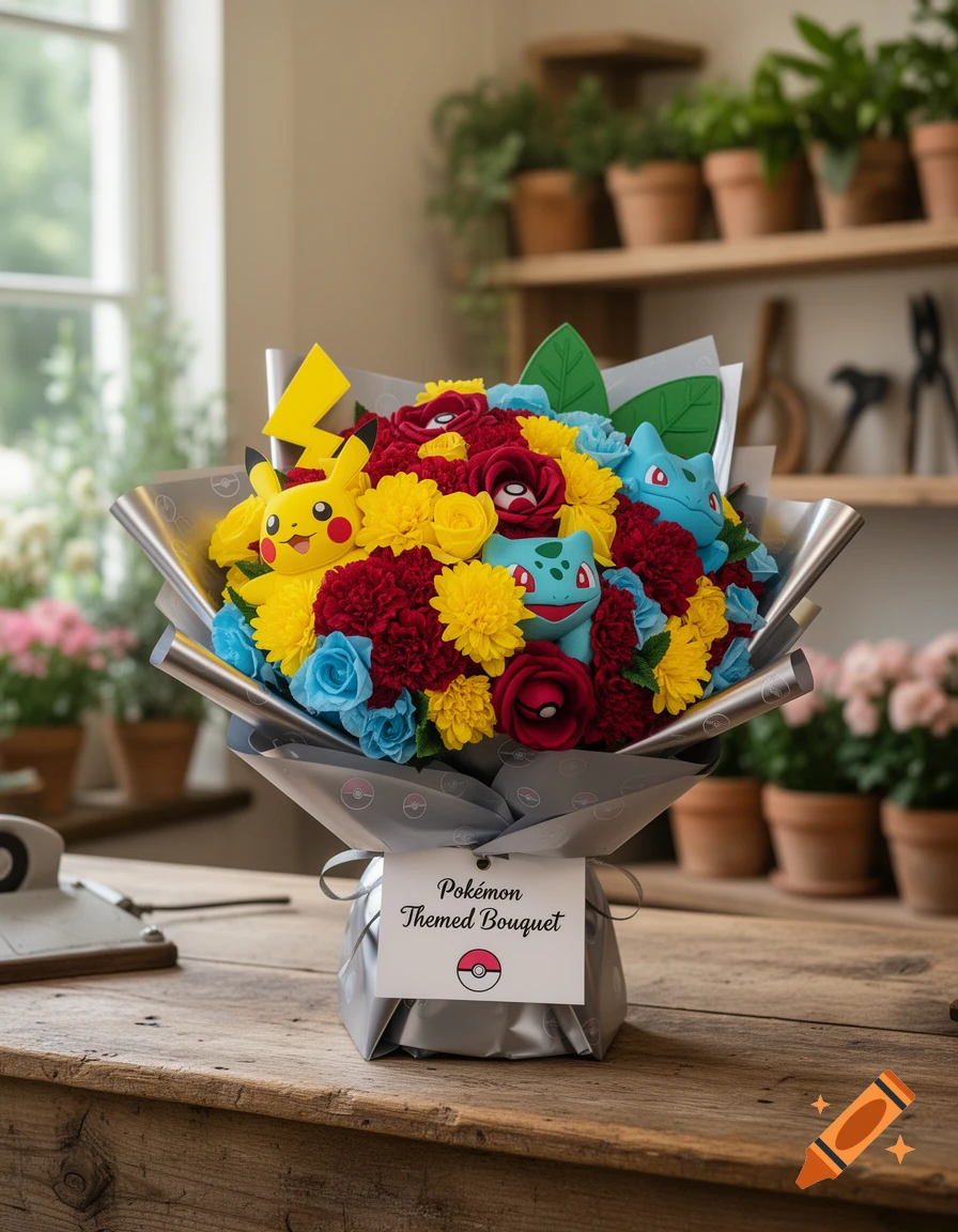 A photorealistic Pokémon-themed bouquet with Pikachu and Bulbasaur plushies among red, yellow, and blue flowers, on a wooden table.