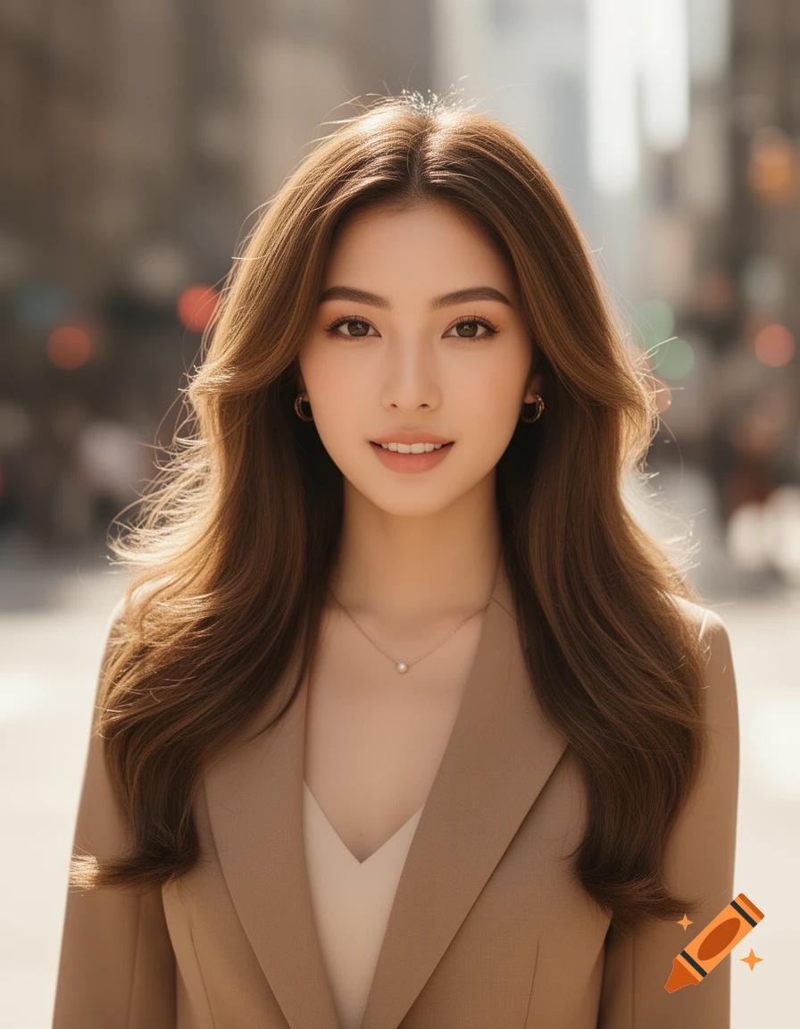 A young woman with long brown hair smiles, wearing a beige blazer and necklace, against a blurred city background. Photorealistic style.