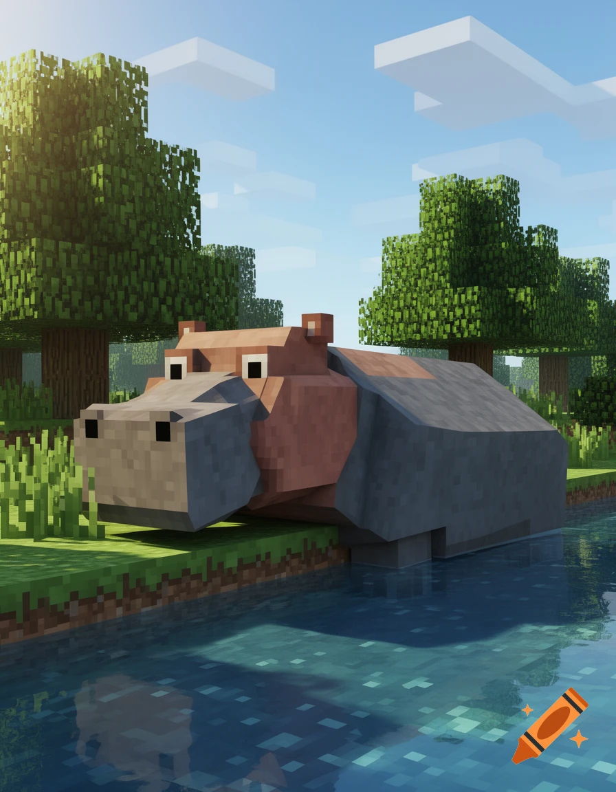 Blocky hippo in a Minecraft-style river, with block trees and grass under a blue sky with blocky clouds.