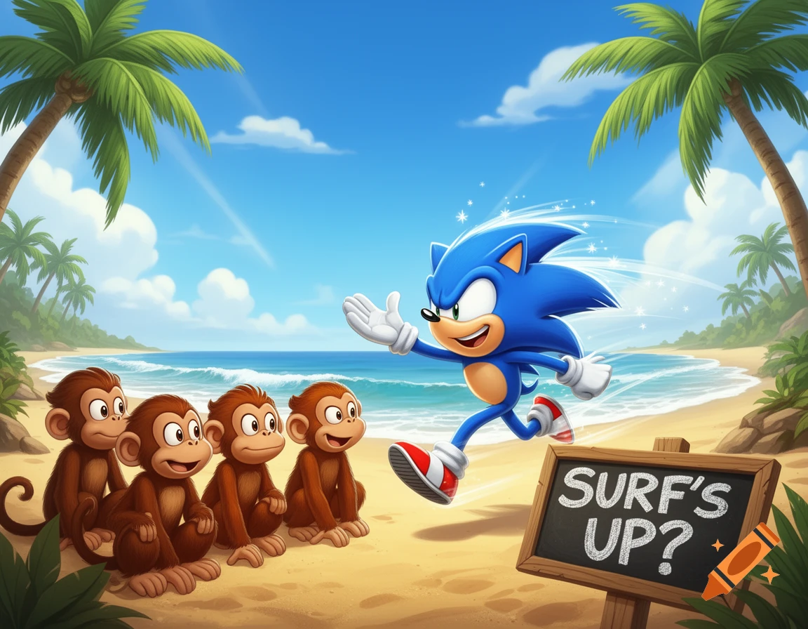 Cartoon Sonic the Hedgehog runs on a sunny beach, gesturing to four sitting monkeys next to a sign that says "SURF'S UP?"