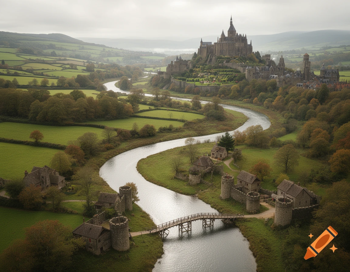 Aerial view of a grand medieval castle on a hilltop, overlooking a winding river, green fields, and a small village with a bridge.