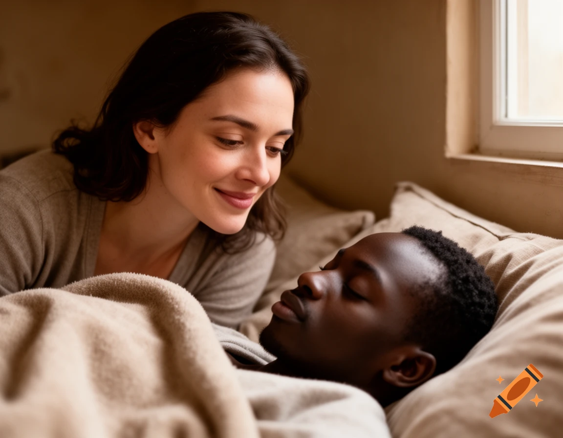 A woman with dark hair smiles warmly at a sleeping man in bed, covered by a blanket, in a warm indoor setting.