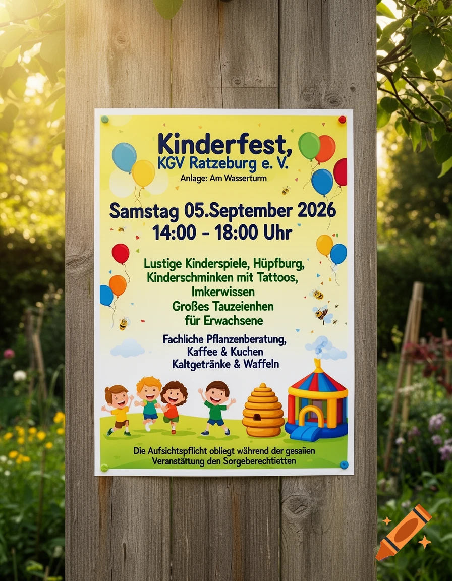 A colorful poster for a children's festival, "Kinderfest" in German, featuring cartoon children, balloons, a beehive, and a bouncy castle, pinned to a wooden post outdoors.